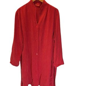 Tianello Tencel Vibrant Red Orange Button-Up Midi Dress Duster Cardigan Size XL